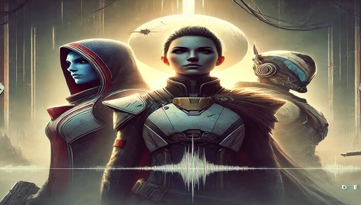 Ikora Rey and Lodi standing side by side in Destiny 2 cutscene, with voice waveforms overlayed to represent restored voice acting.