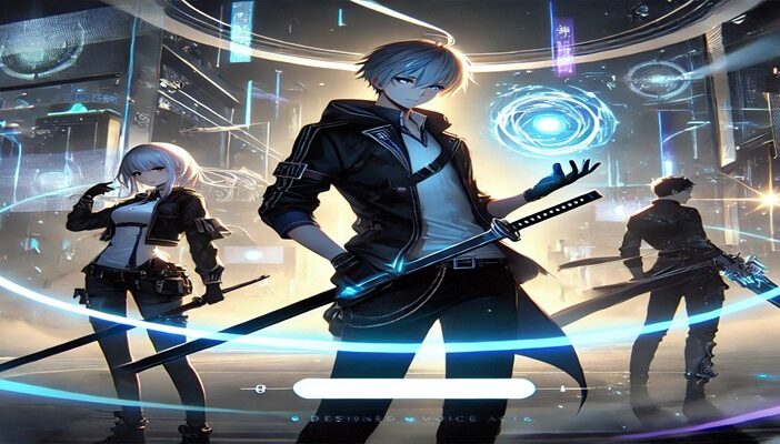 Archer and Saber from Honkai: Star Rail standing in a sci-fi city, with an empty dialogue box suggesting missing English voice acting.