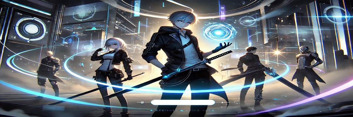 Archer and Saber from Honkai: Star Rail standing in a sci-fi city, with an empty dialogue box suggesting missing English voice acting.