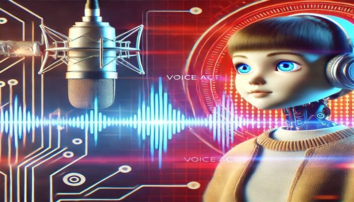 Jenna Davis in a recording booth with a microphone, focused on voiceover work, representing her role as the voice of M3GAN in the horror film series.