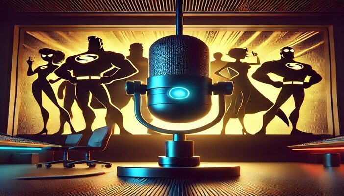 Microphone in a futuristic booth with animated superhero silhouettes in the background
