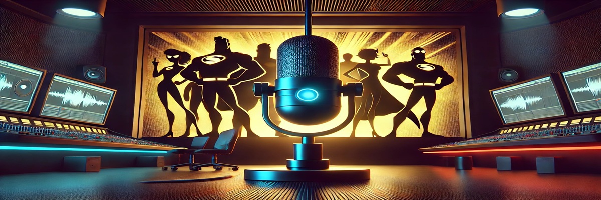 Microphone in a futuristic booth with animated superhero silhouettes in the background
