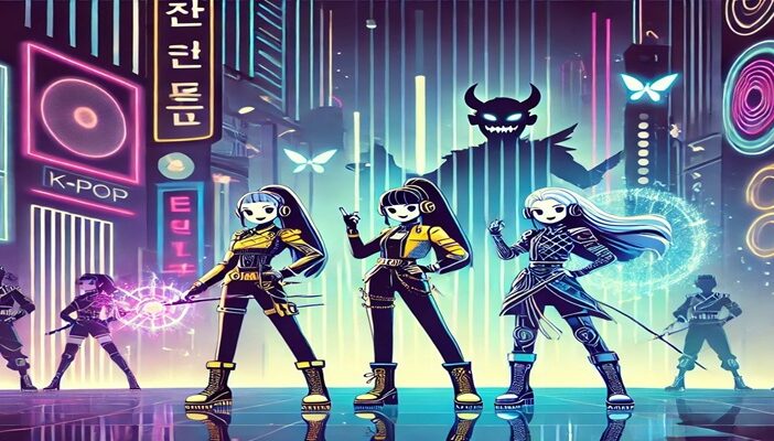 Animated K-pop idols in sleek outfits battling demons, symbolizing the blend of music, action, and voice performance in K-Pop: Demon Hunters.