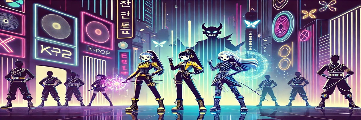 Animated K-pop idols in sleek outfits battling demons, symbolizing the blend of music, action, and voice performance in K-Pop: Demon Hunters.