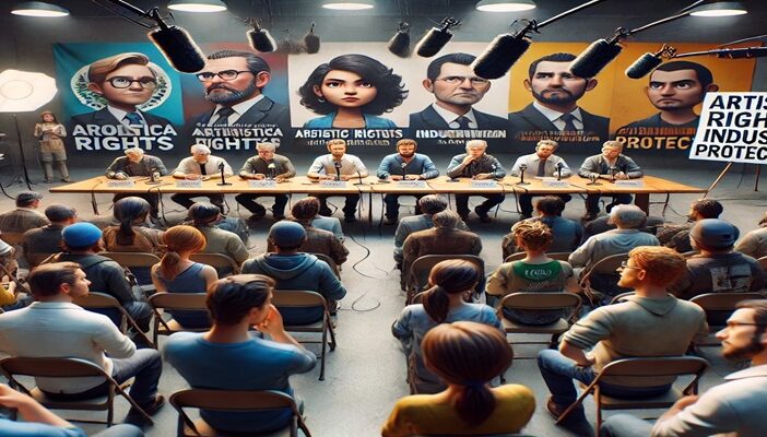 Voice actors at a press conference with microphones, speaking out about industry rights and AI regulation in Mexico’s dubbing industry.