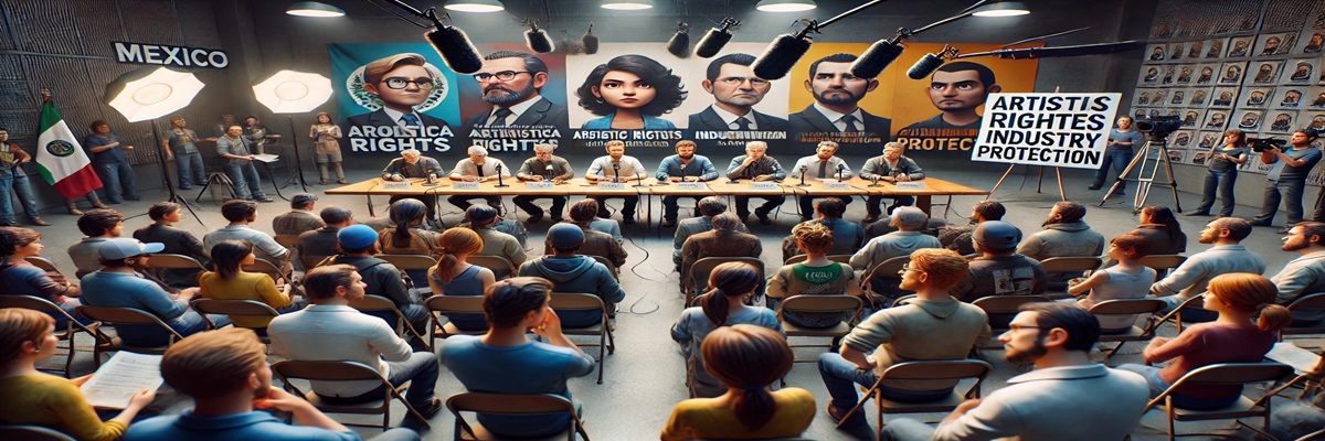 Voice actors at a press conference with microphones, speaking out about industry rights and AI regulation in Mexico’s dubbing industry.