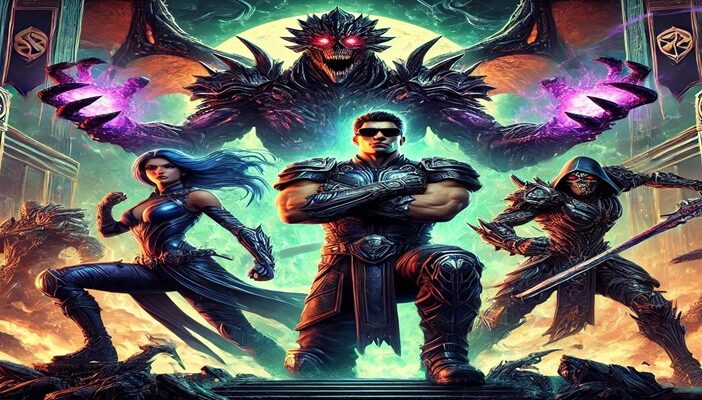 Mortal Kombat 2 movie cast in dramatic poses with a fiery Outworld backdrop and glowing tournament symbols