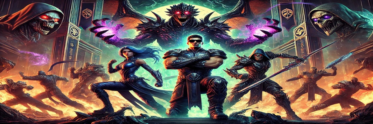 Mortal Kombat 2 movie cast in dramatic poses with a fiery Outworld backdrop and glowing tournament symbols