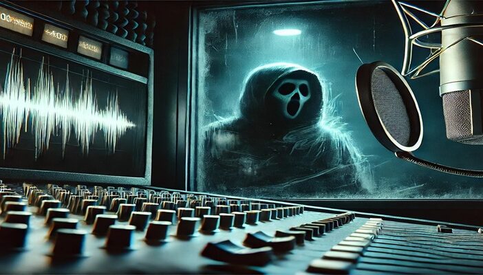 Stylized voiceover booth with a shadowy figure behind a microphone, evoking a haunting Ghostface presence