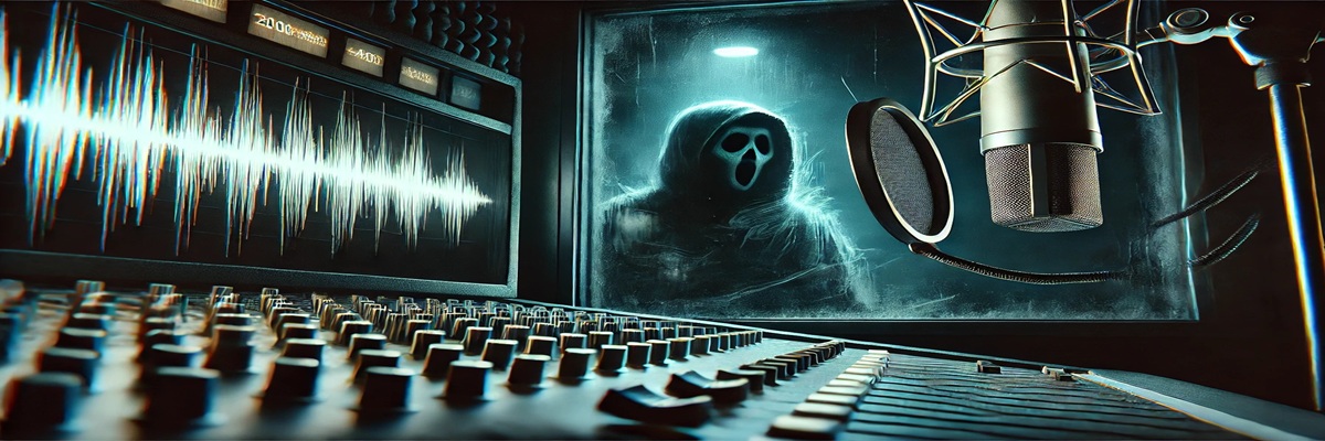 Stylized voiceover booth with a shadowy figure behind a microphone, evoking a haunting Ghostface presence