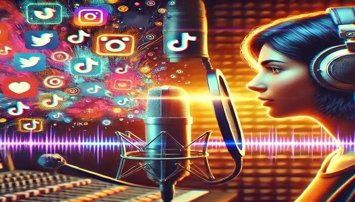 Voice actor in a studio with sound waves and viral icons symbolizing her TikTok-famous voiceover line