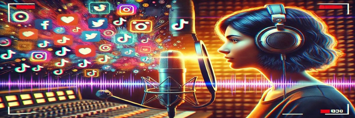 Voice actor in a studio with sound waves and viral icons symbolizing her TikTok-famous voiceover line