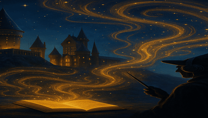 Digital illustration of a wizard wearing headphones and holding a wand while sitting near an open glowing book, with Hogwarts castle illuminated in the background and magical golden swirls rising into the night sky.