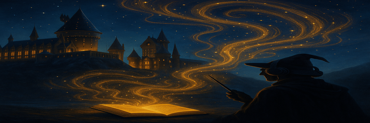 Digital illustration of a wizard wearing headphones and holding a wand while sitting near an open glowing book, with Hogwarts castle illuminated in the background and magical golden swirls rising into the night sky.