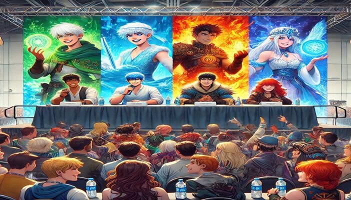 Illustration of the Avatar: The Last Airbender cast on stage at San Diego Comic-Con, with fans in cosplay and series characters displayed on a large screen.