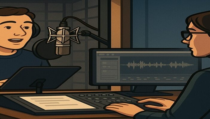 Illustration of a casting director at a soundboard reviewing audition recordings while a voice actor performs in a sound booth with a microphone.