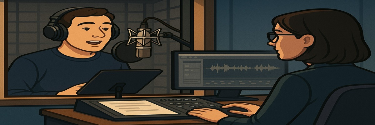 Illustration of a casting director at a soundboard reviewing audition recordings while a voice actor performs in a sound booth with a microphone.