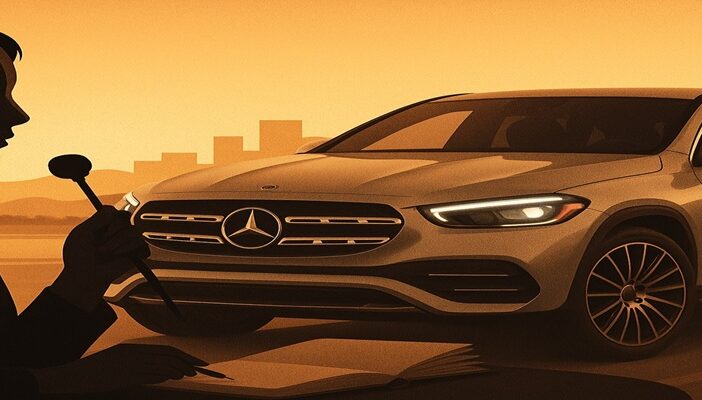 Digital illustration of a luxury Mercedes-Benz SUV parked under warm golden light with a silhouetted woman wearing headphones holding a microphone, symbolizing the new brand voice transition.