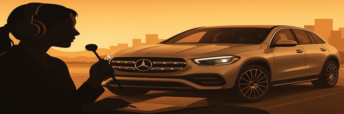 Digital illustration of a luxury Mercedes-Benz SUV parked under warm golden light with a silhouetted woman wearing headphones holding a microphone, symbolizing the new brand voice transition.