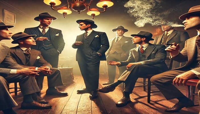 Illustration of a dramatic crime scene with multiple characters from Mafia: The Old Country speaking in a dimly lit room, symbolizing the voice cast’s performances.