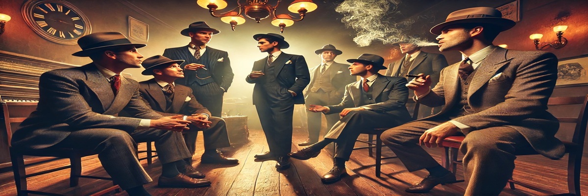 Illustration of a dramatic crime scene with multiple characters from Mafia: The Old Country speaking in a dimly lit room, symbolizing the voice cast’s performances.