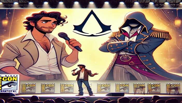 Matt Ryan speaking on a panel with an image of Edward Kenway from Assassin’s Creed IV: Black Flag in the background