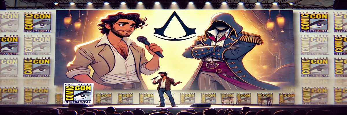 Matt Ryan speaking on a panel with an image of Edward Kenway from Assassin’s Creed IV: Black Flag in the background