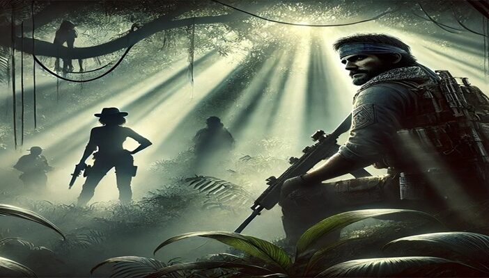 Illustration of Snake standing in a dense jungle with supporting characters in the background, symbolizing the iconic voices of the cast.