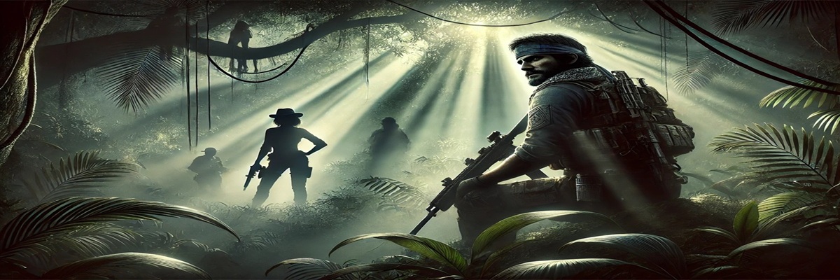 Illustration of Snake standing in a dense jungle with supporting characters in the background, symbolizing the iconic voices of the cast.