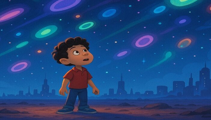 Illustration of a boy gazing at glowing alien lights in the sky with a futuristic city backdrop, inspired by Pixar’s Elio.