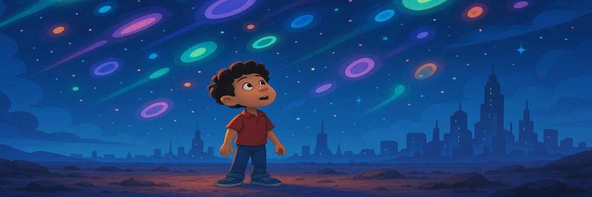 Illustration of a boy gazing at glowing alien lights in the sky with a futuristic city backdrop, inspired by Pixar’s Elio.