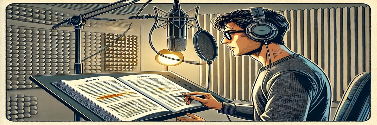 Illustration of a narrator in a soundproof studio recording an audiobook, with notes, a microphone, and a book manuscript in front of them.