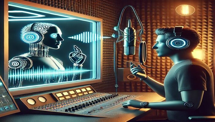 Illustration of a voice actor in a studio looking toward a screen showing a digital waveform and AI interface, symbolizing tension between human and machine performance.