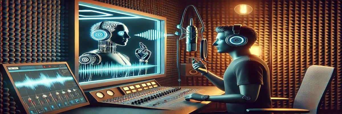 Illustration of a voice actor in a studio looking toward a screen showing a digital waveform and AI interface, symbolizing tension between human and machine performance.