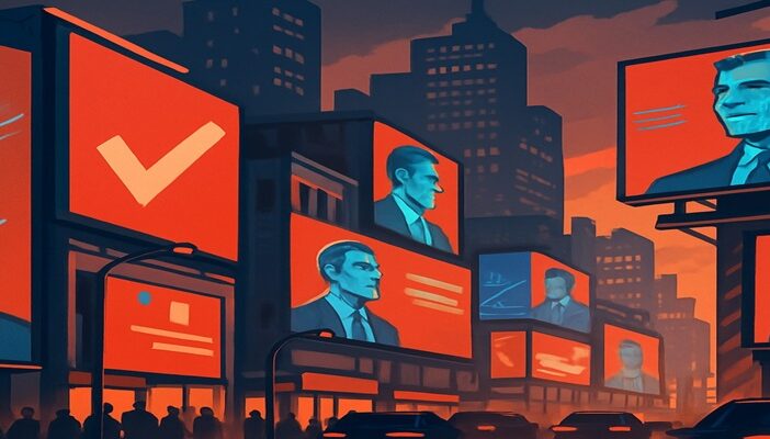 Conceptual image of a political campaign billboard with a futuristic AI hologram microphone overlay, symbolizing AI’s growing role in election ads.