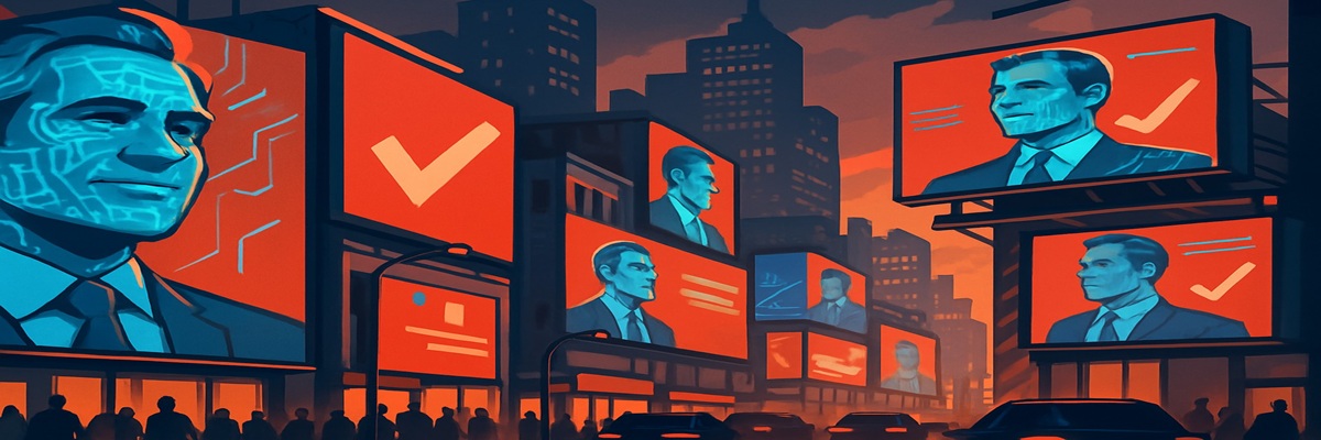 Conceptual image of a political campaign billboard with a futuristic AI hologram microphone overlay, symbolizing AI’s growing role in election ads.