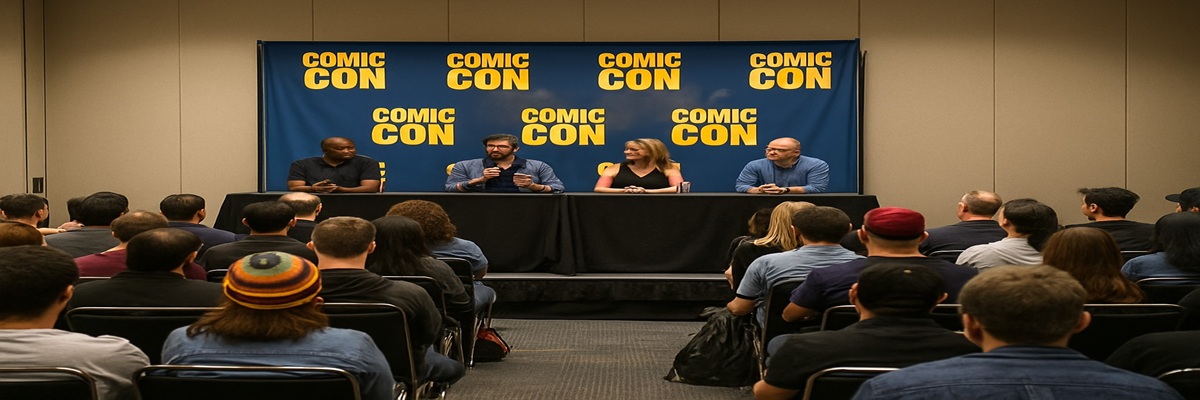 Small Comic Con panel room with a few speakers on a modest stage and about 30–50 attendees seated, capturing an intimate discussion setting without text.