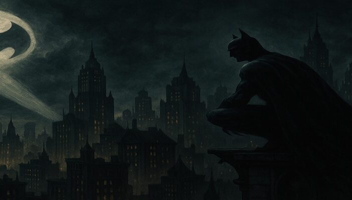 Digital illustration of a dark Gotham City skyline at night with the Bat-Signal glowing in the sky, a shadowy figure of Batman perched on a rooftop, capturing the mood of the Arkham series in a cinematic style.