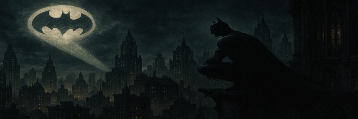 Digital illustration of a dark Gotham City skyline at night with the Bat-Signal glowing in the sky, a shadowy figure of Batman perched on a rooftop, capturing the mood of the Arkham series in a cinematic style.