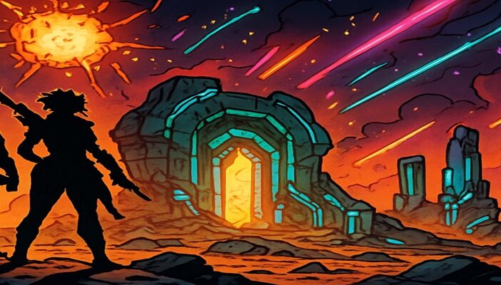 Digital illustration of a chaotic sci-fi wasteland with cel-shaded style, showing a group of Vault Hunters silhouetted against explosions and alien ruins, capturing the trademark energy and humor of the Borderlands series.