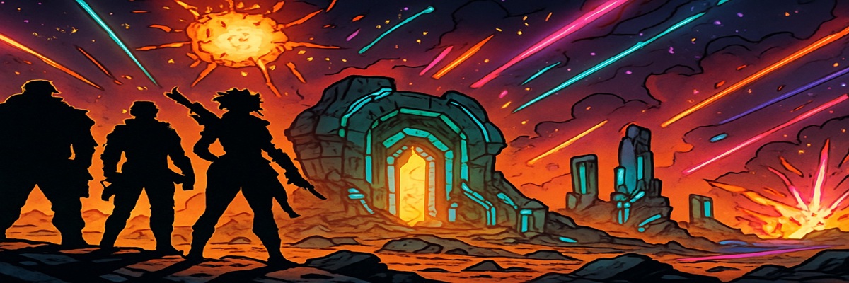 Digital illustration of a chaotic sci-fi wasteland with cel-shaded style, showing a group of Vault Hunters silhouetted against explosions and alien ruins, capturing the trademark energy and humor of the Borderlands series.