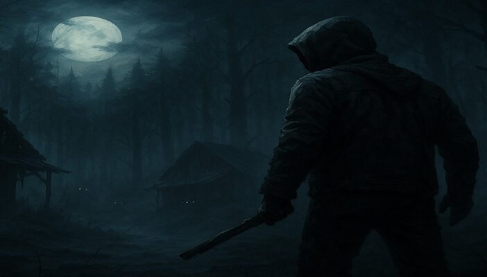 Illustration of a lone survivor standing in a misty forest at night, surrounded by ruined cabins and faint zombie silhouettes, capturing Dying Light: The Beast atmosphere.