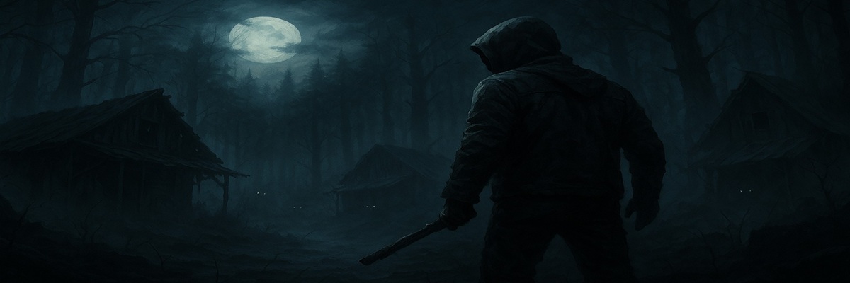 Illustration of a lone survivor standing in a misty forest at night, surrounded by ruined cabins and faint zombie silhouettes, capturing Dying Light: The Beast atmosphere.