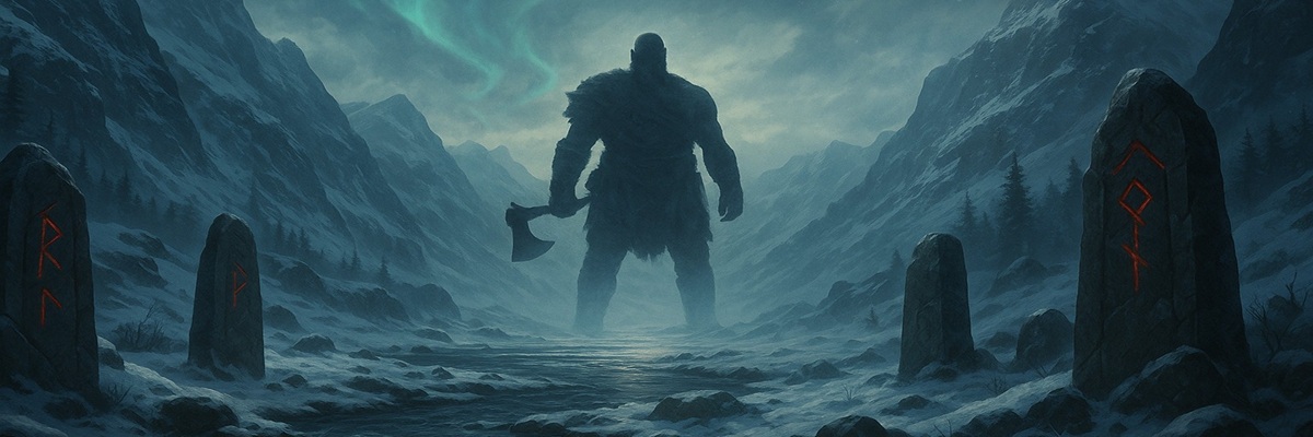 Epic winter landscape with rugged mountains, frozen forests, and a lone warrior’s silhouette holding an axe, evoking the Norse world of God of War.