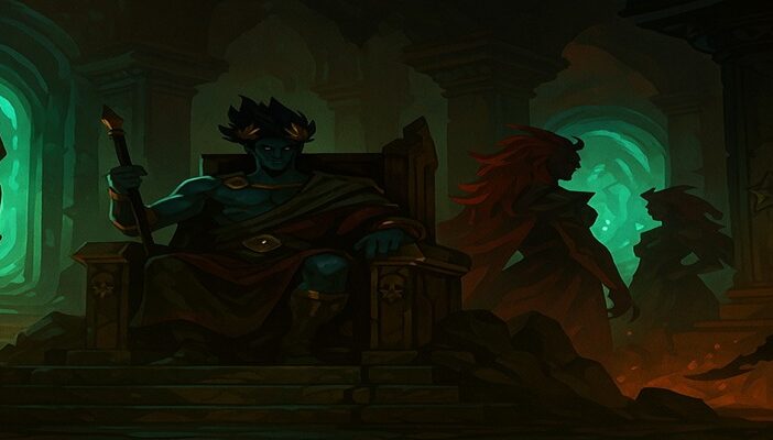 Fantasy-style illustration of an underworld throne room with glowing portals and mythic figures in shadow, hinting at a powerful ensemble of voices.