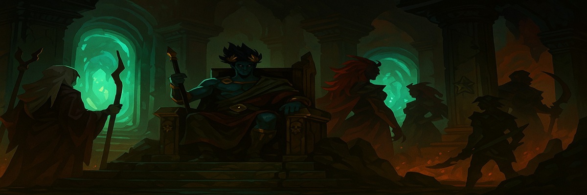 Fantasy-style illustration of an underworld throne room with glowing portals and mythic figures in shadow, hinting at a powerful ensemble of voices.