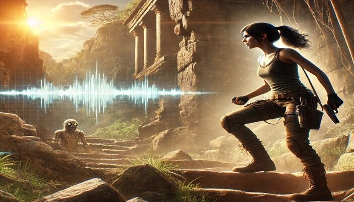 Illustration of Lara Croft with a microphone and AI waveform, symbolizing the legal battle over alleged AI voice cloning in Tomb Raider remasters
