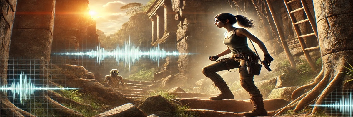 Illustration of Lara Croft with a microphone and AI waveform, symbolizing the legal battle over alleged AI voice cloning in Tomb Raider remasters