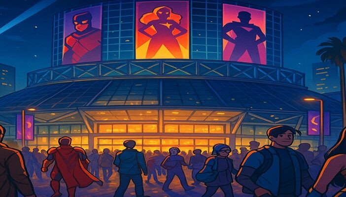 Vibrant night view of the Los Angeles Convention Center filled with fans, glowing signage, and city lights during L.A. Comic Con 2025.