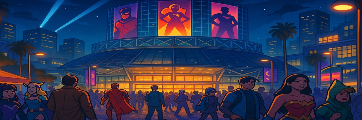 Vibrant night view of the Los Angeles Convention Center filled with fans, glowing signage, and city lights during L.A. Comic Con 2025.